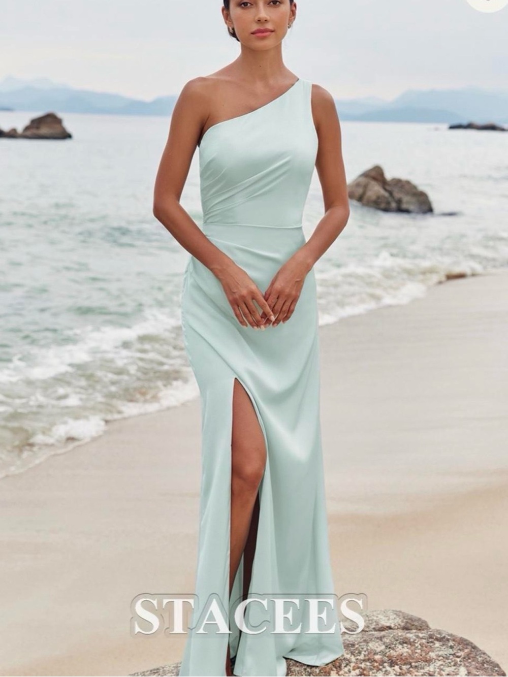One-Shoulder Soft Sky Blue Evening Gown